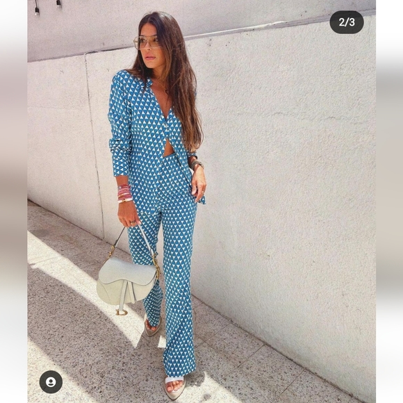 Zara Pants - Zara Set - Geometric Print Satin Shirt & Pants